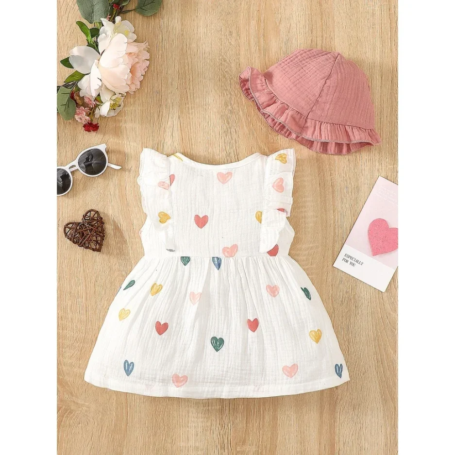 2PCS Dress Clothes Set Newborn Baby Girl Love Print Sleeveless Dress With Hat Summer Fashion Cute Wear for Infant Girl 0-9Months - Image 2