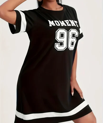 Plus Size Summer 2025 Women's Graphic Print Mini Dress Casual Sports Style with Drop Short Sleeves Black White Stripe Clothes