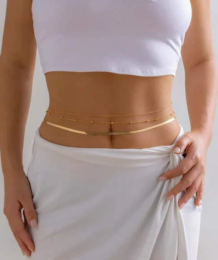 3Pcs Sexy Gold Color Flat Snake Chain Bellly Waist Chain for Women Boho Metal Beaded Belt Body Jewelry Summer Bikini Accessories