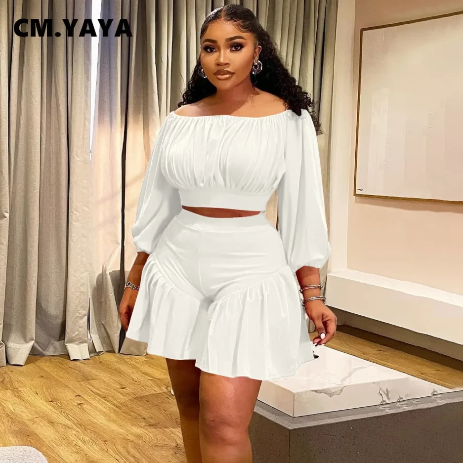 CM.YAYA Plus Size Women's Set Long Sleeve Slash Neck T-Shirt and Shorts 2025 Summer Ruched Two 2 Piece Set Outfits Tracksuit - Image 2