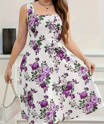 2025 New Plus Size Floral Print Square Neck Sleeveless Dress - Flared Skirt, Stretchy Fabric, Machine Washable, Spring/Summer Ca