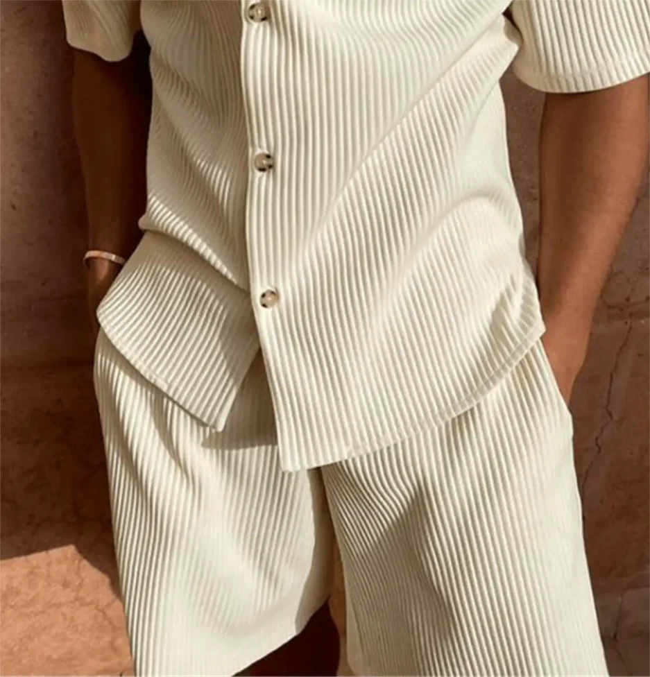 Spring/Summer suit Solid color corduroy shorts sleeve shirt and shorts stretch beach casual suit - Image 2