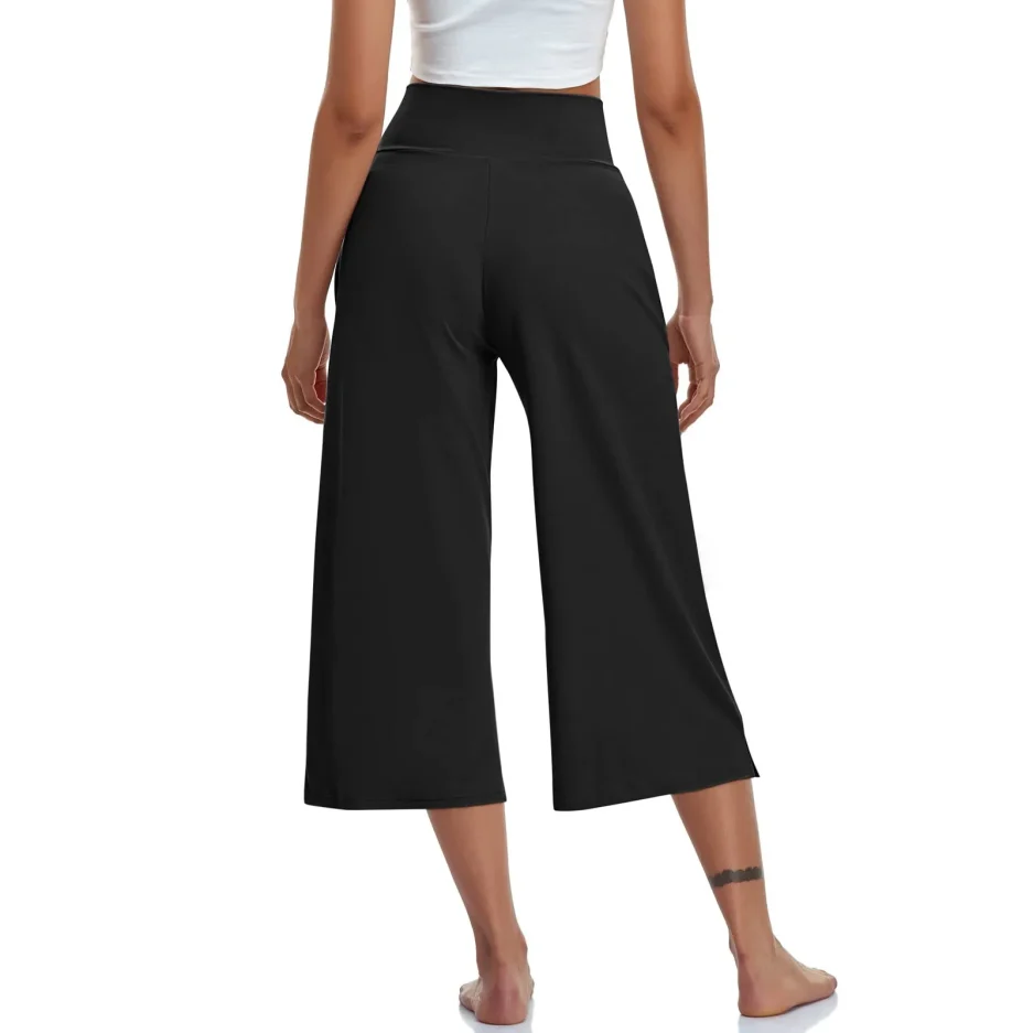 2024 Spring and Summer Women Elastic High Waist 3/4 Pant Solid Casual Active Fit Wide Capris Leg Pants Trousers With Pockets - Image 2