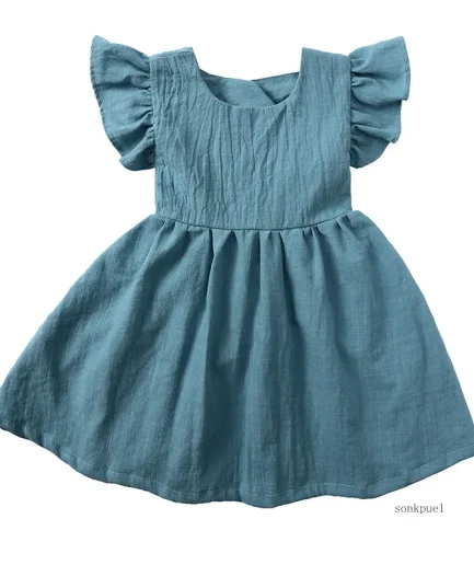 Summer Infant Girls Dress Flying sleeve Cotton Linen Newborn Baby Girls Princess Dress Kids Party Dresses