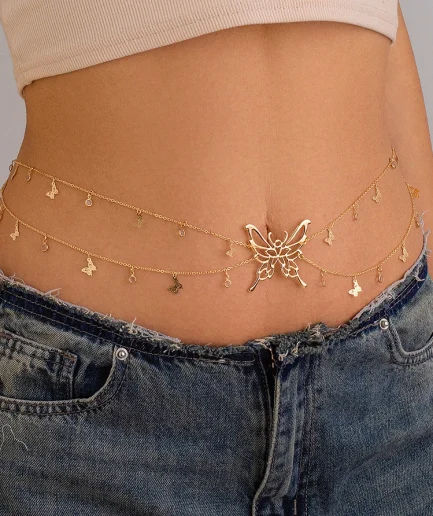 Ingemark Boho Sexy Hollow Butterfly Waist Belly Belt Chain for Women Summer Bikini Crystal Tassel Pendant Link Body Jewelry Gift