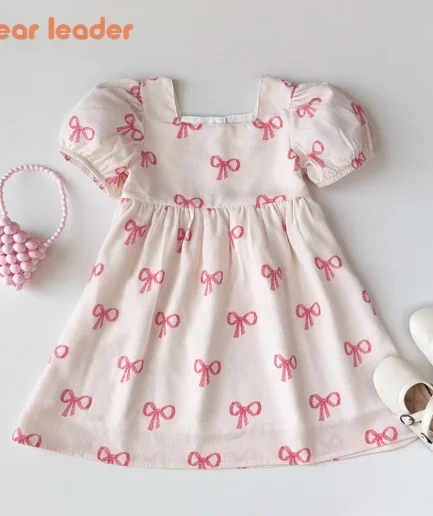 Bear Leader Short Sleeved Girls Clothing Summer New Bow Print Casual Dresses Sweet and Cute Kids Clothes for 3-7 Years Wear