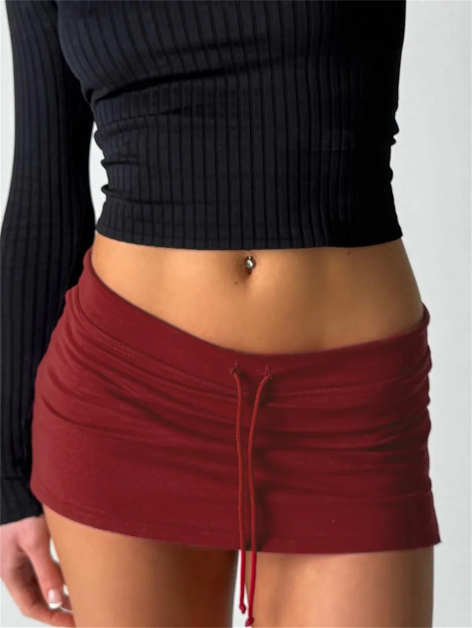 Cuteandpsycho Solid Lace-up Mini Skirts Sexy American Retro Basic Vintage Casual Short Bottoms Basic Casual A-Line Knit Clothing - Image 5