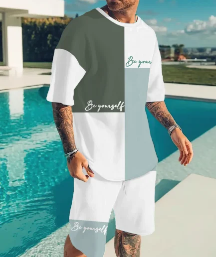 The 2025 summer new men's suit is casual and fashionable with 3D letter printing, soft, comfortable and breathable