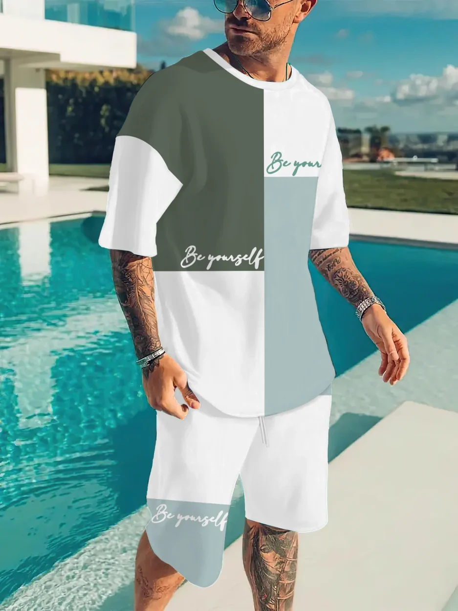 The 2025 summer new men's suit is casual and fashionable with 3D letter printing, soft, comfortable and breathable
