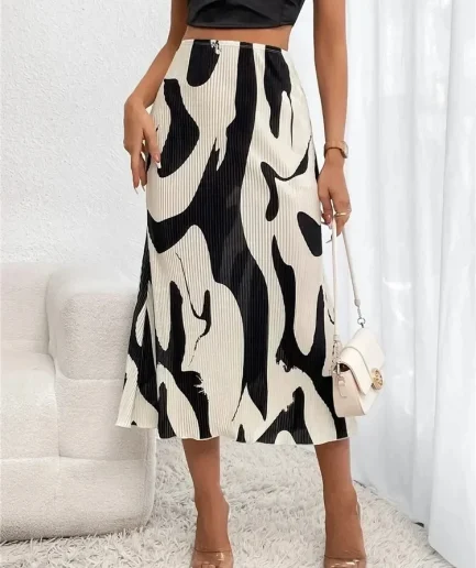 Dressy Casual Graphic Print Pleated Long Skirts Women Autumn Fashion Elastic High Waist Geometry Midi Skirt Streetwear