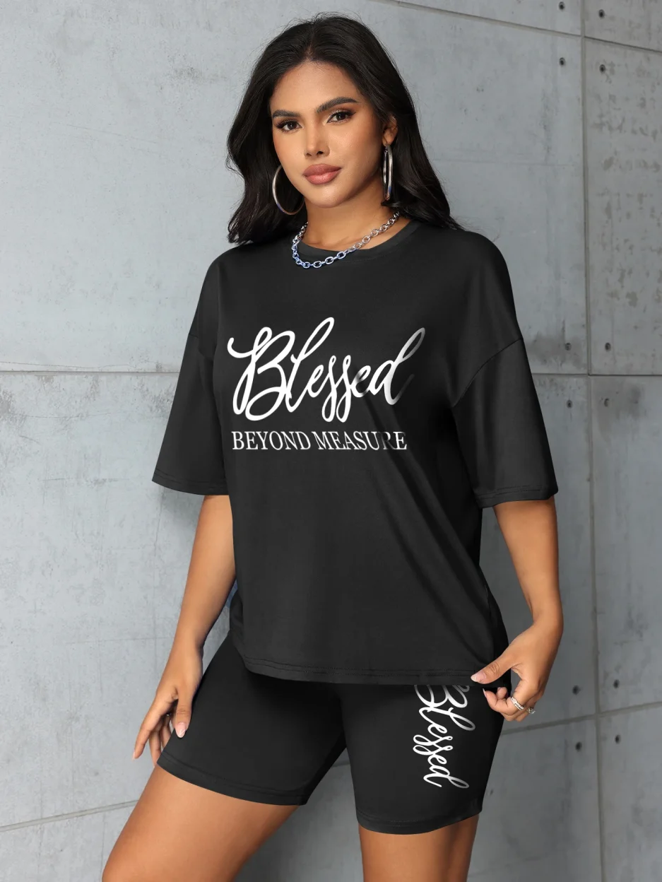Plus size sets for women Summer 2 pieces Blessed printed offers and liquidation everything cheap elegant women's sets Short sets - Image 3