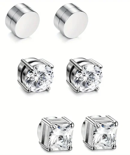 1/3Pairs 6MM Crystal Magnetic No-Pierce Stainless Steel Stud Earrings for Men Punk Zircon Magnet Earrings Non Piercing Jewelry