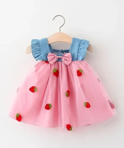 (0-3 Years) Summer New Girls Dress Small Flying Sleeve Bow A-child Dress Embroidered Strawberry Cool Princess Dress