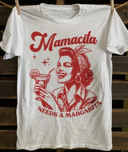 Plus - Size White Round Neck T - Shirt with Retro - inspired Margarita - themed Print: Fun - loving and Spirited