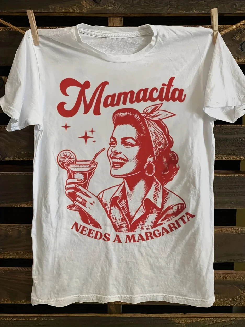 Plus - Size White Round Neck T - Shirt with Retro - inspired Margarita - themed Print: Fun - loving and Spirited