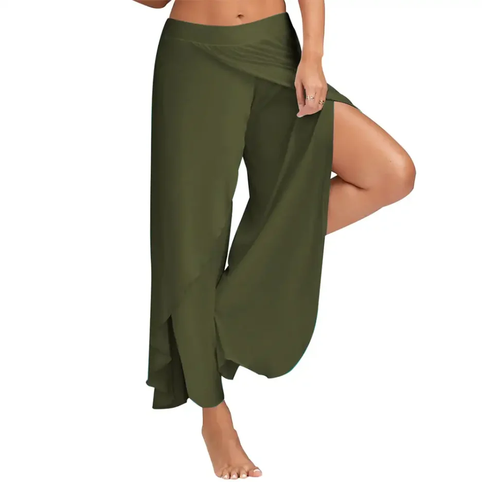 High Slit Haren Pants Breathable Women Sporting Yoga Pants Solid Color Loose Hippie Harem Wide Leg Pants Trousers Modern Dancing - Image 4