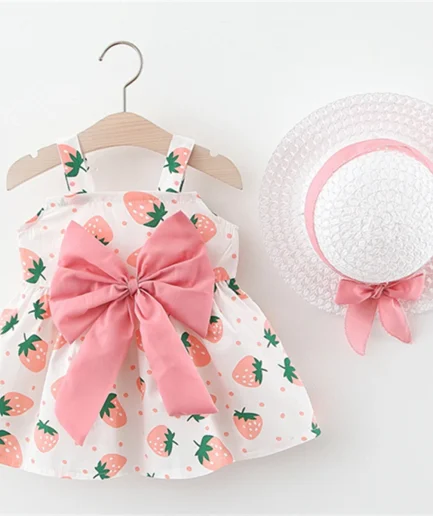 Summer Baby Girl Dress Sweet Hanging Strap Strawberry Print Big Bow Cotton Cloth Dress Comes with Same Hat as a Gift