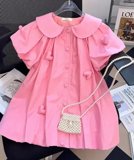2-10 Years Summer Cute Girls Dress Heart Jewelry Decoration Flip Collar Single Row Buckle Design Dress For Girl