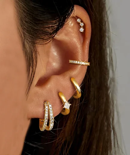 5PCS Stainless Steel Double Layered Zircon Hoop Earrings Set For Women Personality Punk Unisex Rock Earring Piercing Jewelry