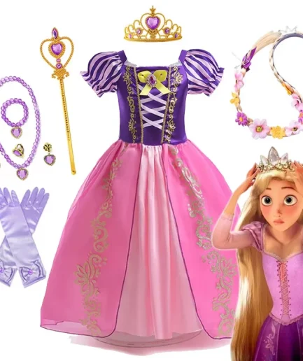 Disney Rapunzel Princess Dress Girl Purple Puff Sleeve Cosplay Tangled Costume Halloween Vestido Kids Birthday Ball Gown Clothes