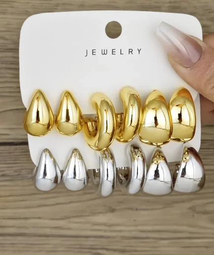 6pcs Chunky Gold Plated Waterdrop Hoop Earrings For Women Minimalist Smooth Thick Circle Drop Earring Lightweight Party Jewelry