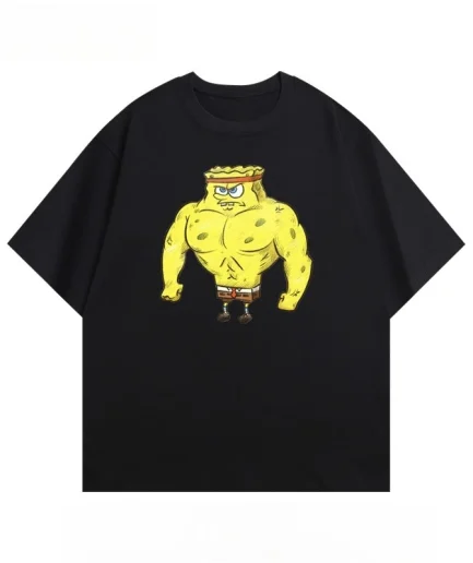 Summer SpongeBob SquarePants Fitness Muscle Cartoon Creative Printed Women's Plus Size T-shirt Loose Casual Short Sleeve Top