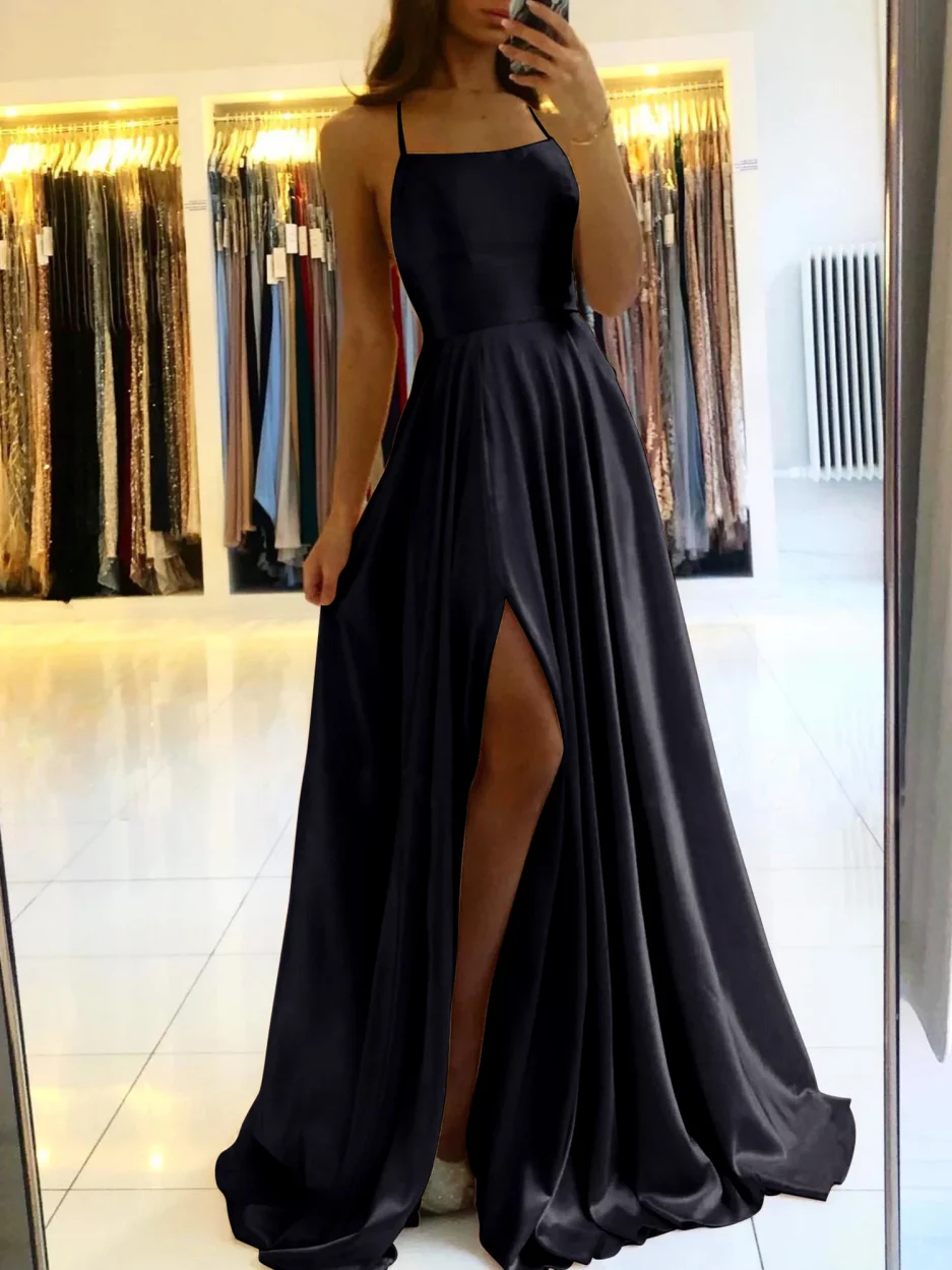 2024 Simple Spaghetti Straps Sexy Slit Ladies Blue A-line Long Satin Evening Dresses For Women Wedding Prom Party Gowns Vestidos - Image 3