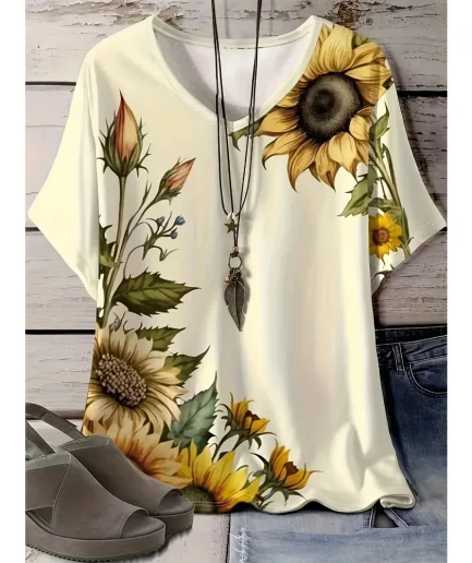 Plus Size 1XL-5XL Women's Daisy Floral Print V-Neck T-Shirt with Vibrant Sunflower & Ladies Casual Short Sleeve T-shirt Tops