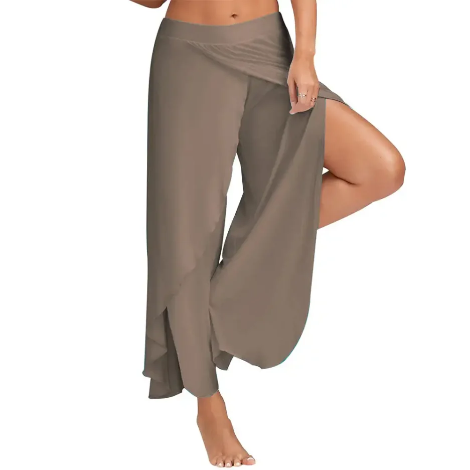 High Slit Haren Pants Breathable Women Sporting Yoga Pants Solid Color Loose Hippie Harem Wide Leg Pants Trousers Modern Dancing - Image 5