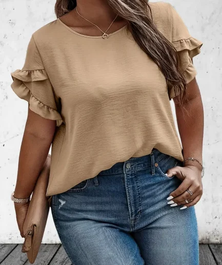 Women 1XL-5XL Plus Size Ruffle Trim T-Shirt Ladies Solid Colors Flattering Casual Top Spring Summer Women Short Sleeve Clothing