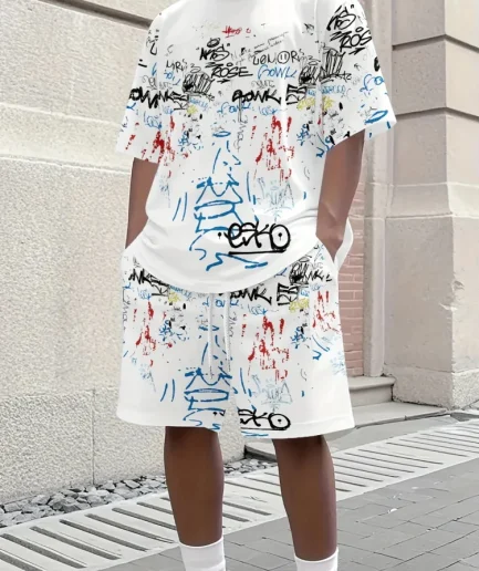 2025 Men's Short Sleeve Set Creative Graffiti Print Outdoor Street Fashion Short Sleeve Top Shorts Casual Two-piece Set