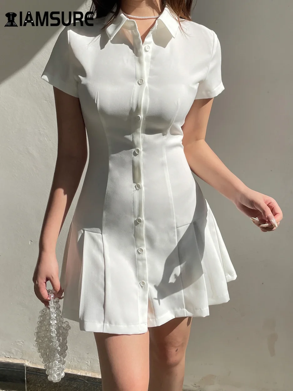 IAMSURE Elegant Fashion Basic Folds A-Line Dress Slim Turn-Down Collar Short Sleeve Mini Dresses For Women 2025 Summer Fashion