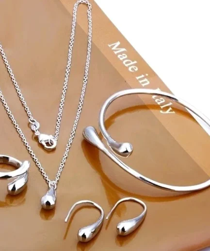 Fashion S925 Silver Needle Earrings Ring Bracelet Set Simple Personality Womens Water Drop Four-piece Jewelry Set for Women Gift