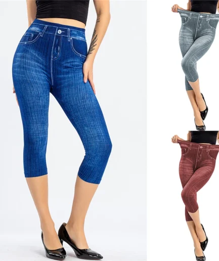 Summer Women Fashion High Waist Skinny Jeans Knee Length Denim Capri Pants High Waist Skinny Jeans Knee Length Denim Pants
