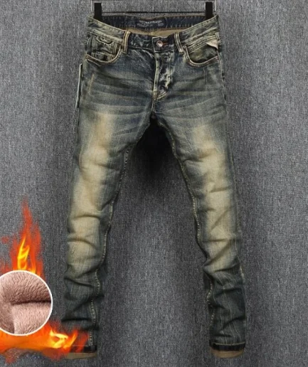 MEN FASHION Korean Style Clothes Brushed Fleece Denim Cargo Vintage Winter Straight Slim Luxury Streetwear 90s Trousers for Men