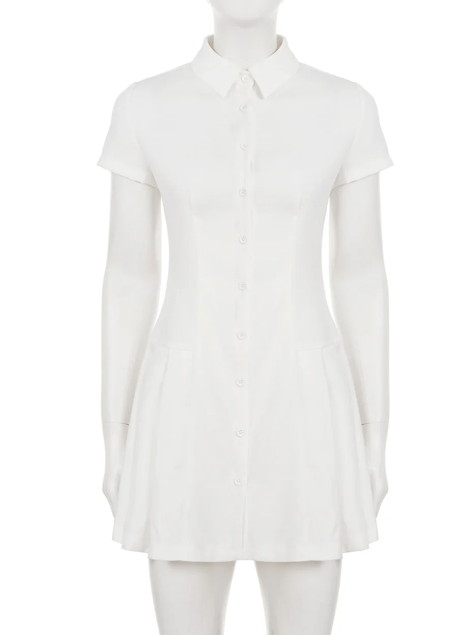 IAMSURE Elegant Fashion Basic Folds A-Line Dress Slim Turn-Down Collar Short Sleeve Mini Dresses For Women 2025 Summer Fashion - Image 2