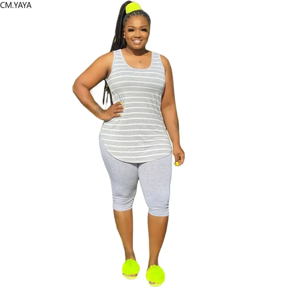 CM.YAYA Women Plus Size XL-5XL Sport two piece set Tracksuit Striped Tank Tops Knee Length jogger Suit Sweatpants Matching Set - Image 3