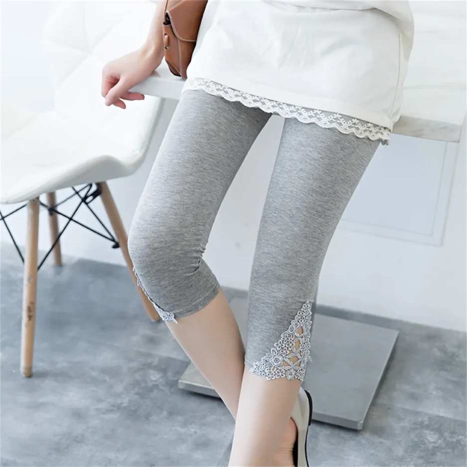 Female Slim Fitting Lace Outer Bottoming Seventh Trousers Casual Comfortable Breathable Black White Gray Summer Versatile Pants - Image 2