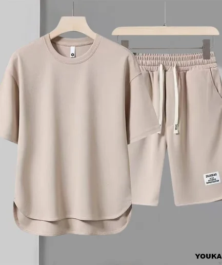 Men's New Waffle Summer Suit 2025 Korean Casual T-shirt + Shorts Suit Men's Tracksuit Solid Color Tracksuit Loose Suit