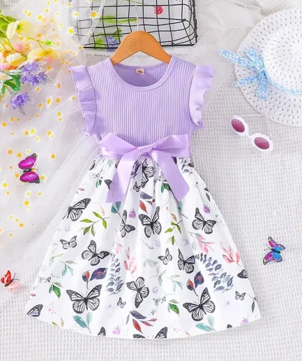 Set For Kids Girl 3-7 Years old Ruffled Sleeve Butterfly Floral Tulle Cute Princess Formal Dresses with Belt Ootd For Baby Girl