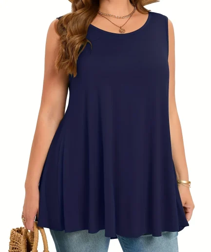 Plus Size Simple Solid Tank Top Casual Crew Neck Sleeveless Tank Top For Summer Women's Plus Size Clothing