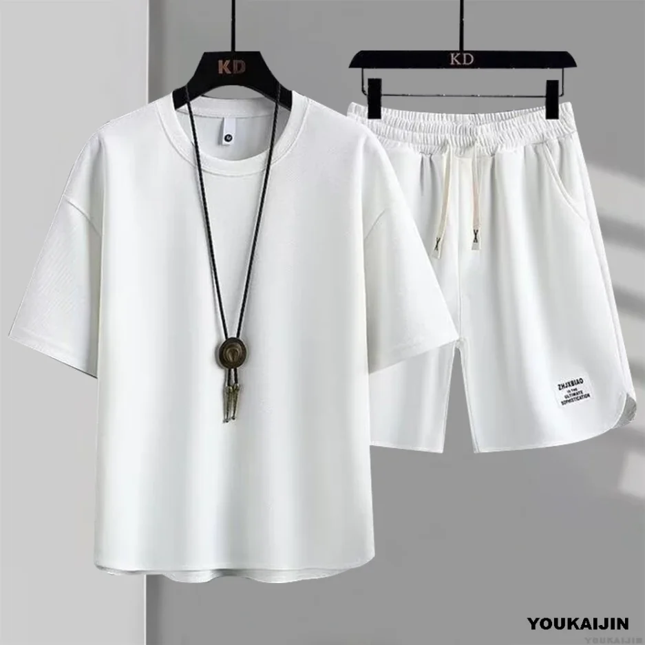 Men's New Waffle Summer Suit 2025 Korean Casual T-shirt + Shorts Suit Men's Tracksuit Solid Color Tracksuit Loose Suit - Image 3