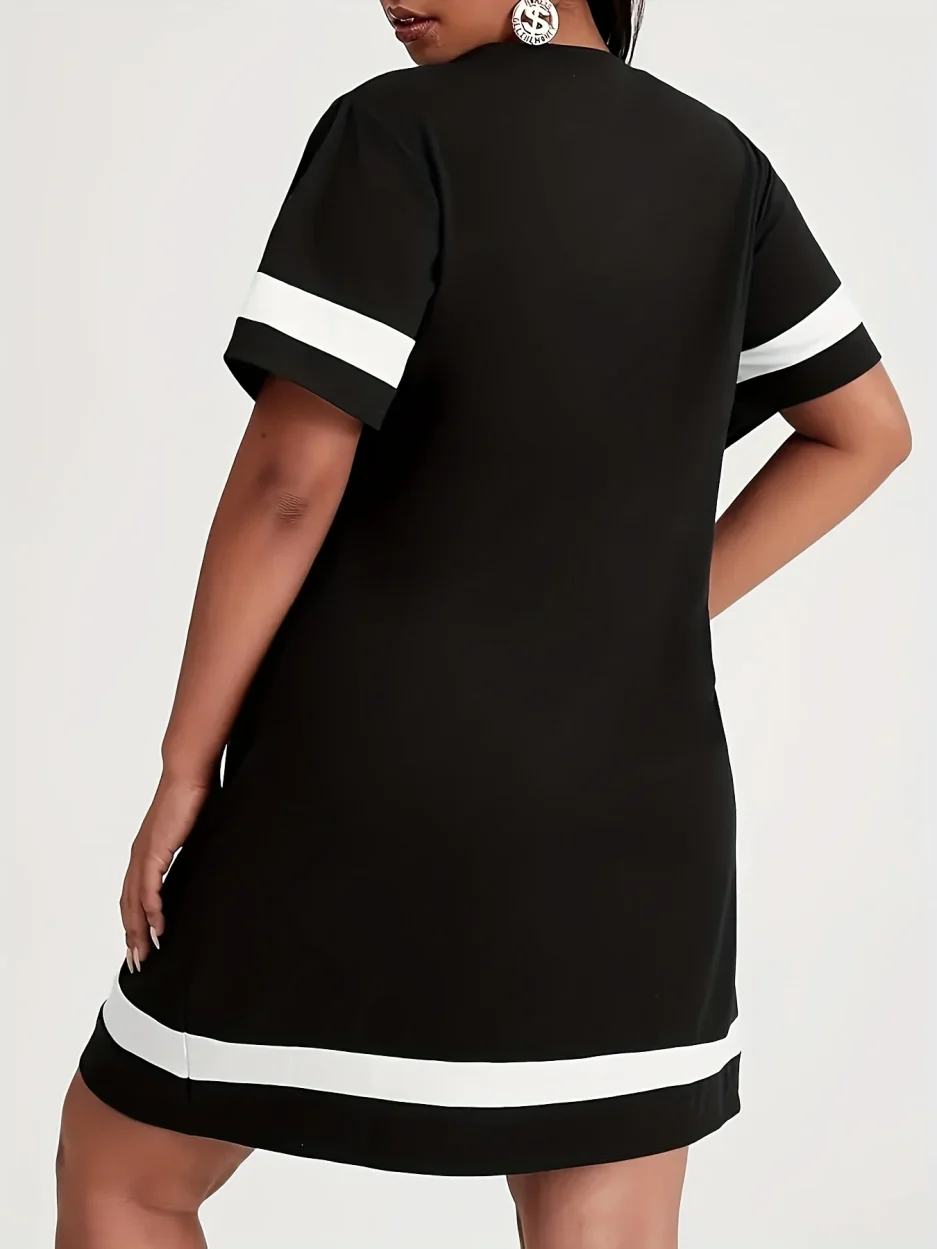 Plus Size Summer 2025 Women's Graphic Print Mini Dress Casual Sports Style with Drop Short Sleeves Black White Stripe Clothes - Image 2