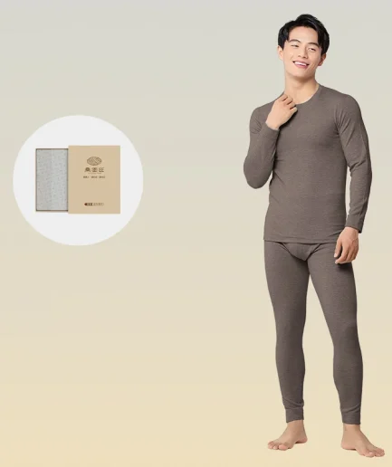 6760 Autumn Winter Keep Warm Slim Underwear Tops Pants For Men Good Quality Mulberry Silk Fleece Thicken Simple Male Sets Gift