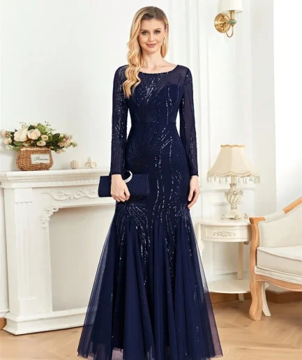 Elegant Long Sleeves Sequin Tulle Evening Dresses 2025 Women Luxury Mermaid Formal Bridesmaid Party Maxi Prom Dress