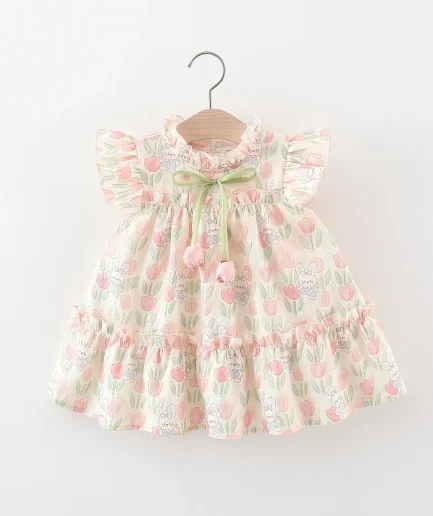 Summer Hardwear Girl Dress Tulip Cartoon Rabbit Print Small Flying Sleeves Flower Neck Bow Ribbon Tulip Flower Pattern