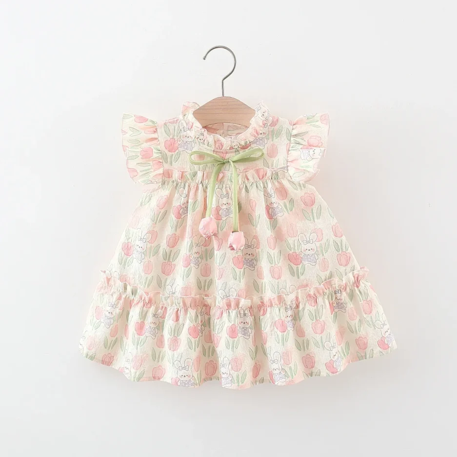 Summer Hardwear Girl Dress Tulip Cartoon Rabbit Print Small Flying Sleeves Flower Neck Bow Ribbon Tulip Flower Pattern