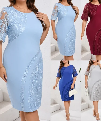Plus Size Summer Dresses for Wedding Guest Women's Short Sleeve O-Neck Lace Floral Party Elegant Dresses 3XL 4XL 5XL