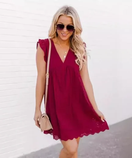 2022 Amazon Europe Cross-border New Lace Jacquard Hollow V-neck Dress Women's Pocket Shorts Fabric Short Dress