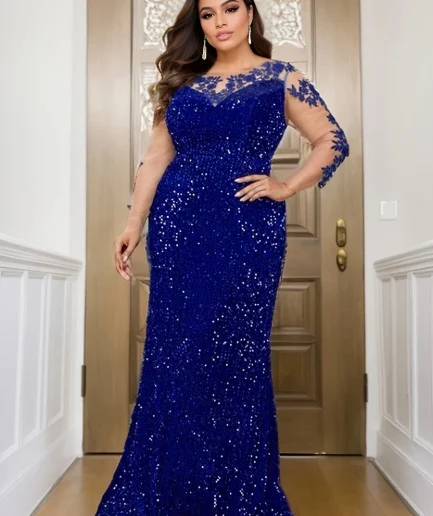 O Neck Curve Long Sequined Velvet Lace Evening Dress Prom Gown Floor Length Backless Maxi Dresses